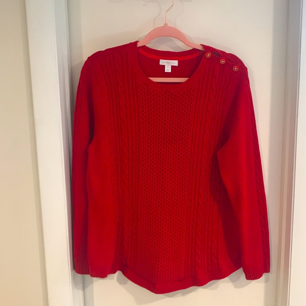 Charter Club Red Cable Knit sweater with gold button at the shoulder size XL
